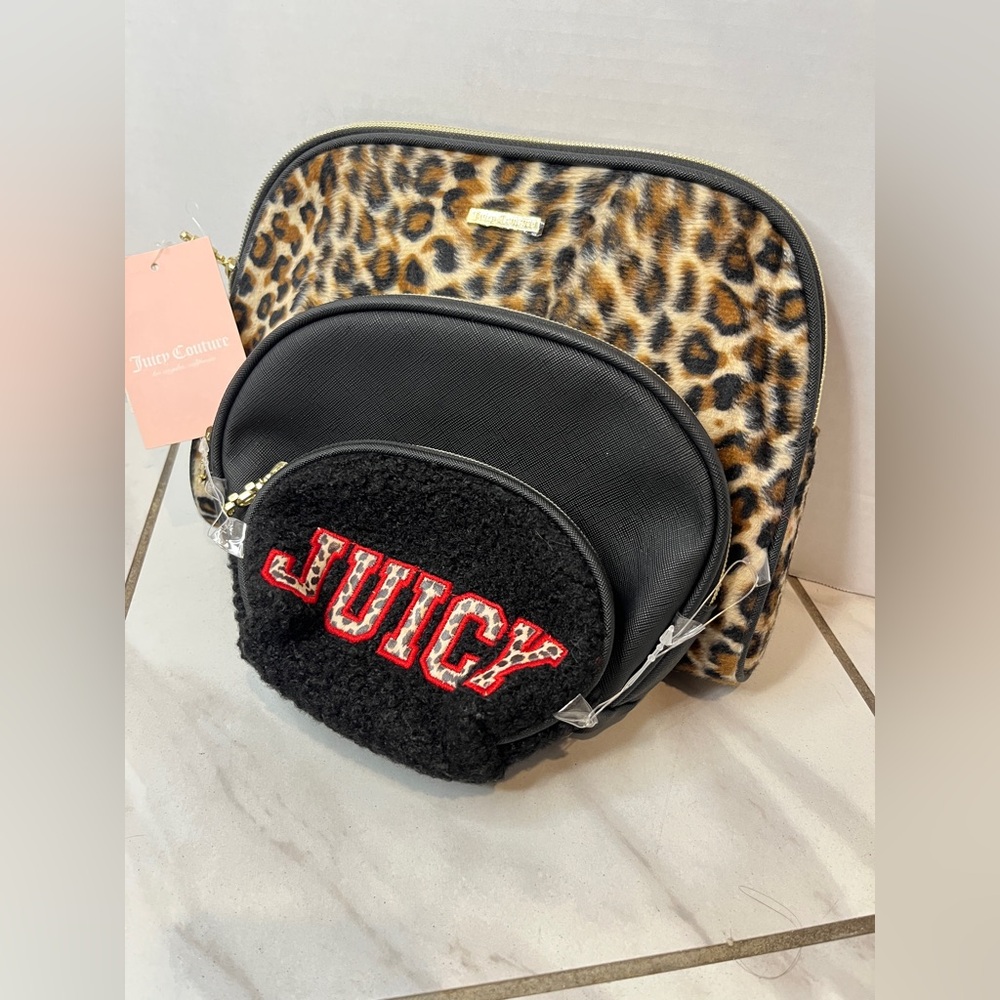 Juicy Couture Set Of 3 Black & Leopard Travel Make Up Toiletry Cosmetic Bags NWT - Picture 3 of 13